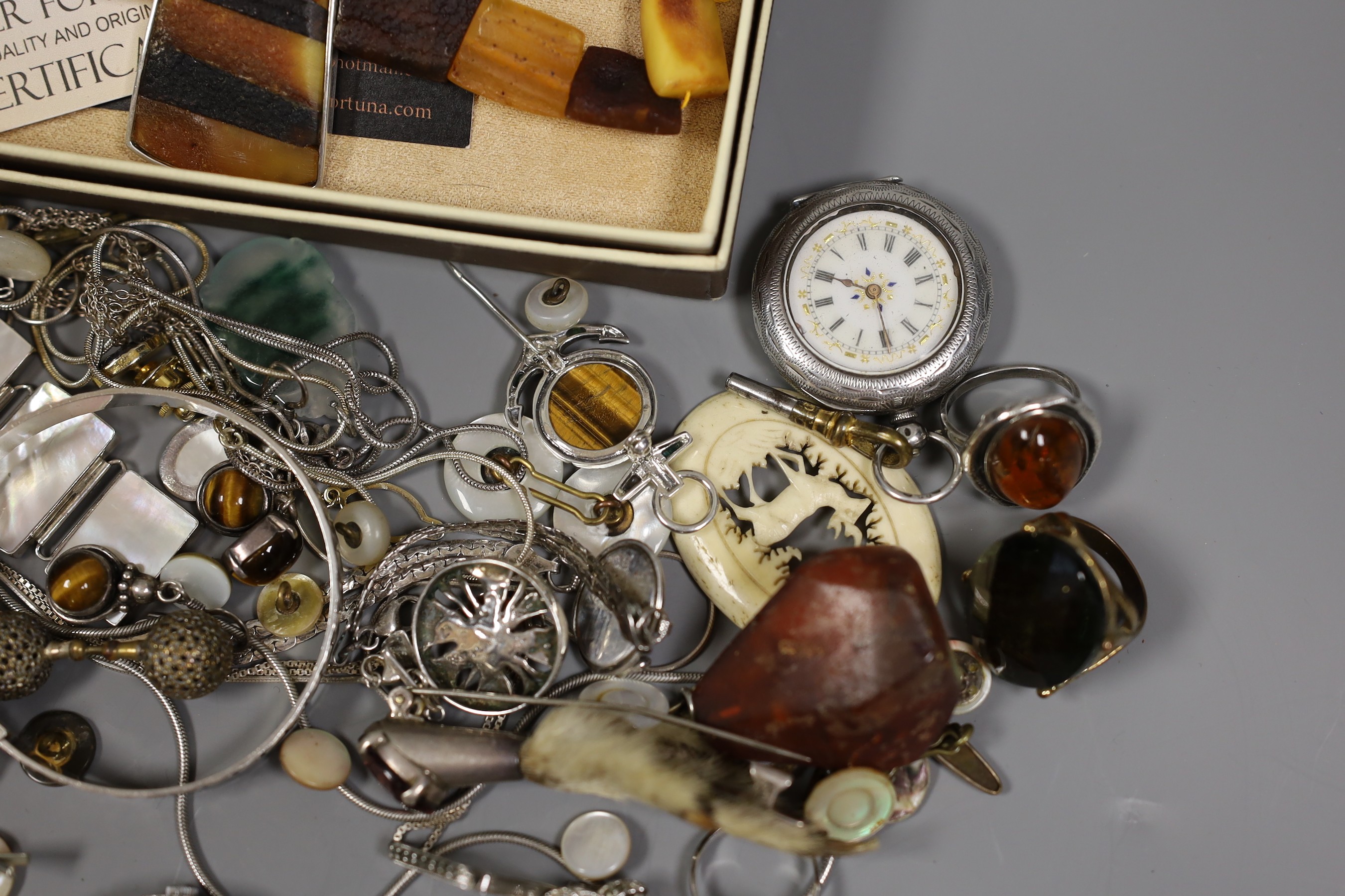A quantity of assorted jewellery including white metal and 925, together with a silver open faced pocket watch and a Swiss white metal fob watch.